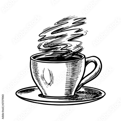 Cup of coffee in vintage style. Cappuccino in a glass. Hand drawn engraved retro sketch. Template for logo or label.