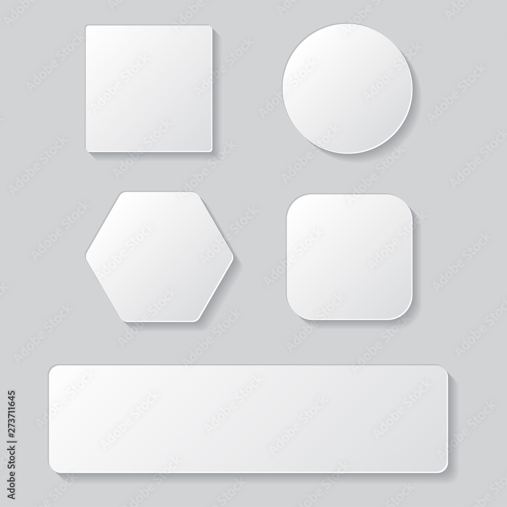 Set of white blank button. Round square rounded buttons Set of white blank button. Round square rounded buttons