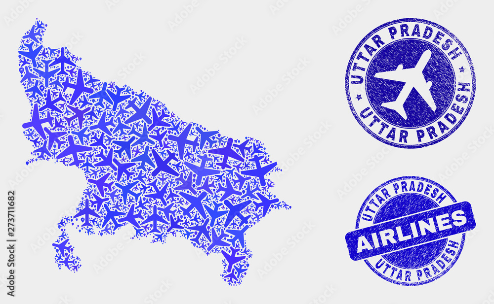 Air plane vector Uttar Pradesh State map composition and grunge seals. Abstract Uttar Pradesh State map is formed from blue flat scattered air plane symbols and map pointers.