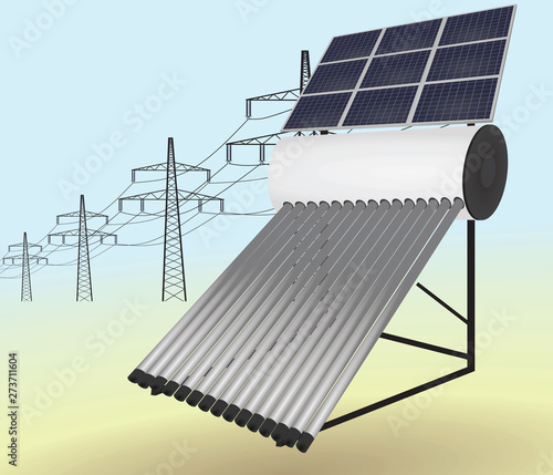 Solar pipes heater with solar panels. vector illustration