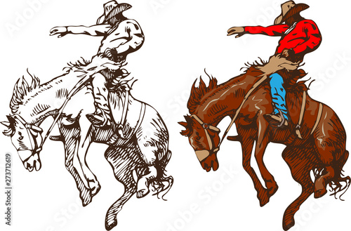  cowboy riding a wild horse mustang rounding a kicking horse on a rodeo graphic sketch sketching graphics	 photo