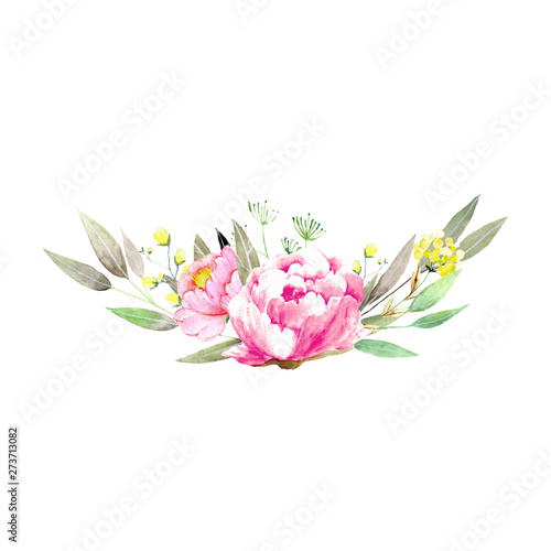 Watercolol hand painted floral composition with summer flowers and inflorescences isolated on white background. Healing Herbs for cards, wedding invitation, posters, save the date or greeting design.