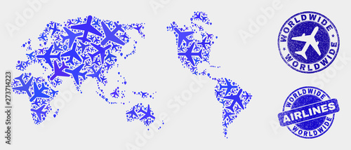 Aviation vector worldwide map collage and scratched stamps. Abstract worldwide map is organized from blue flat scattered aviation symbols and map locations. Tourism scheme in blue colors,