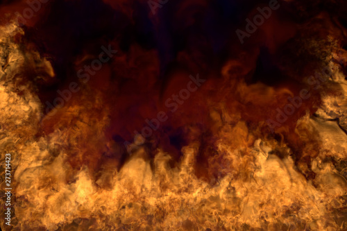 Flames from both picture corners and bottom - fire 3D illustration of blazing lava, half frame with scary heavy smoke isolated on black background