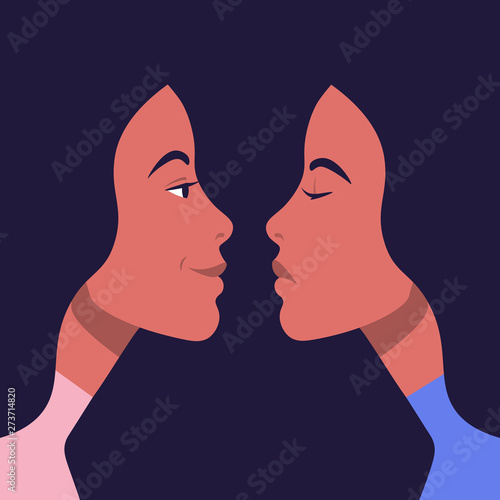Bipolar disorder. Portrait of an Hispanic woman in profile in depression and in a good mood. Two female faces from the side. Vector illustration in flat style