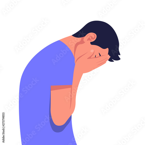 Young man in despair. The guy in profile is under great stress. Depressive disorder. Vector illustration in flat style.