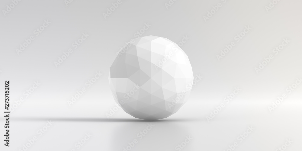 Elegant white background of Icosahedron. Abstract low poly sphere with triangular and smooth shadow. 3D Rendering.