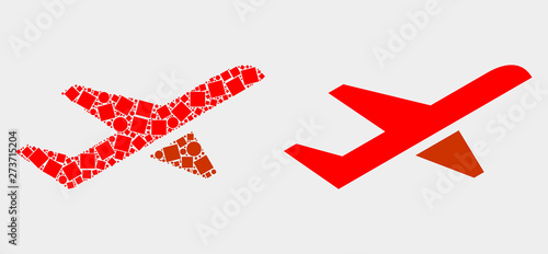 Pixel and flat airplane takeoff icons. Vector mosaic of airplane takeoff combined of random square elements and circle elements.