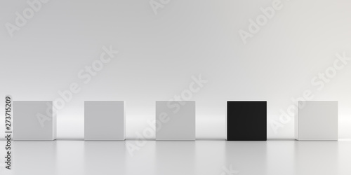 Different concept one black cube in white.  Abstract low poly background and smooth shadow. 3D Rendering.