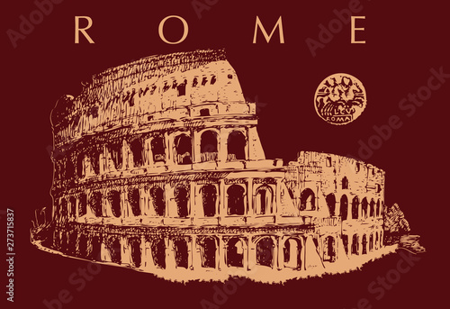vector image of the roman colosseum in the style of old prints on a dark background