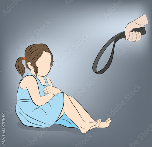 Corporal or physical punishment of a child. Violence at home. Angry father holds belt in hand. vector illustration.
