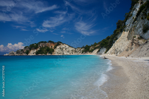 Light blue water on beach on Gidaki on the Ithaca (Ithaki or Ithaka) island like paradise with blue sky in Greece Europe