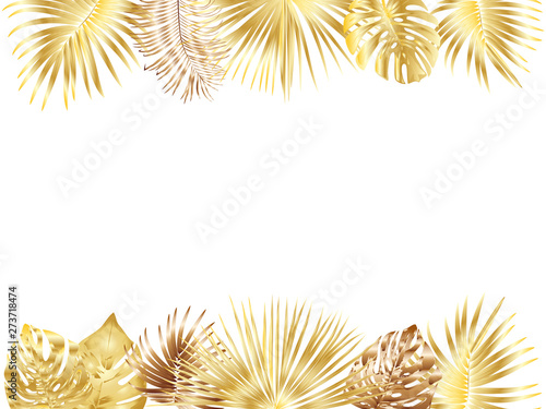 Vector tropical jungle frame with gold palm trees and leaves on white background