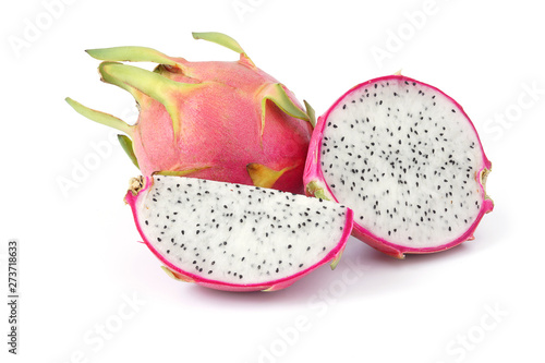 Dragon fruit full and half fruits isolated on white background