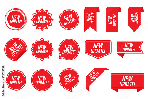 New update tag set in red. Vector illustration