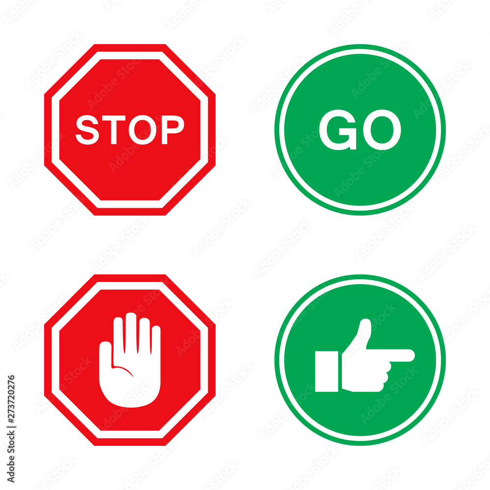 Stop and go signs in red and green with hand Stop and go signs in red and green with hand