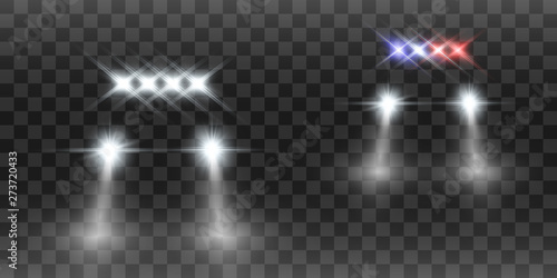 Realistic white glow round beams of car headlights, isolated on transparent background. Police car. Light from headlights. Police patrol. 