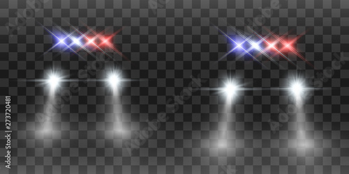 Realistic white glow round beams of car headlights, isolated on transparent background. Police car. Light from headlights. Police patrol. 