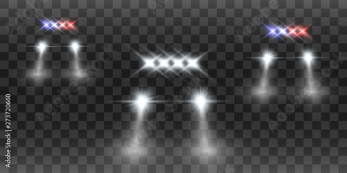 Realistic white glow round beams of car headlights, isolated on transparent background. Police car. Light from headlights. Police patrol. 