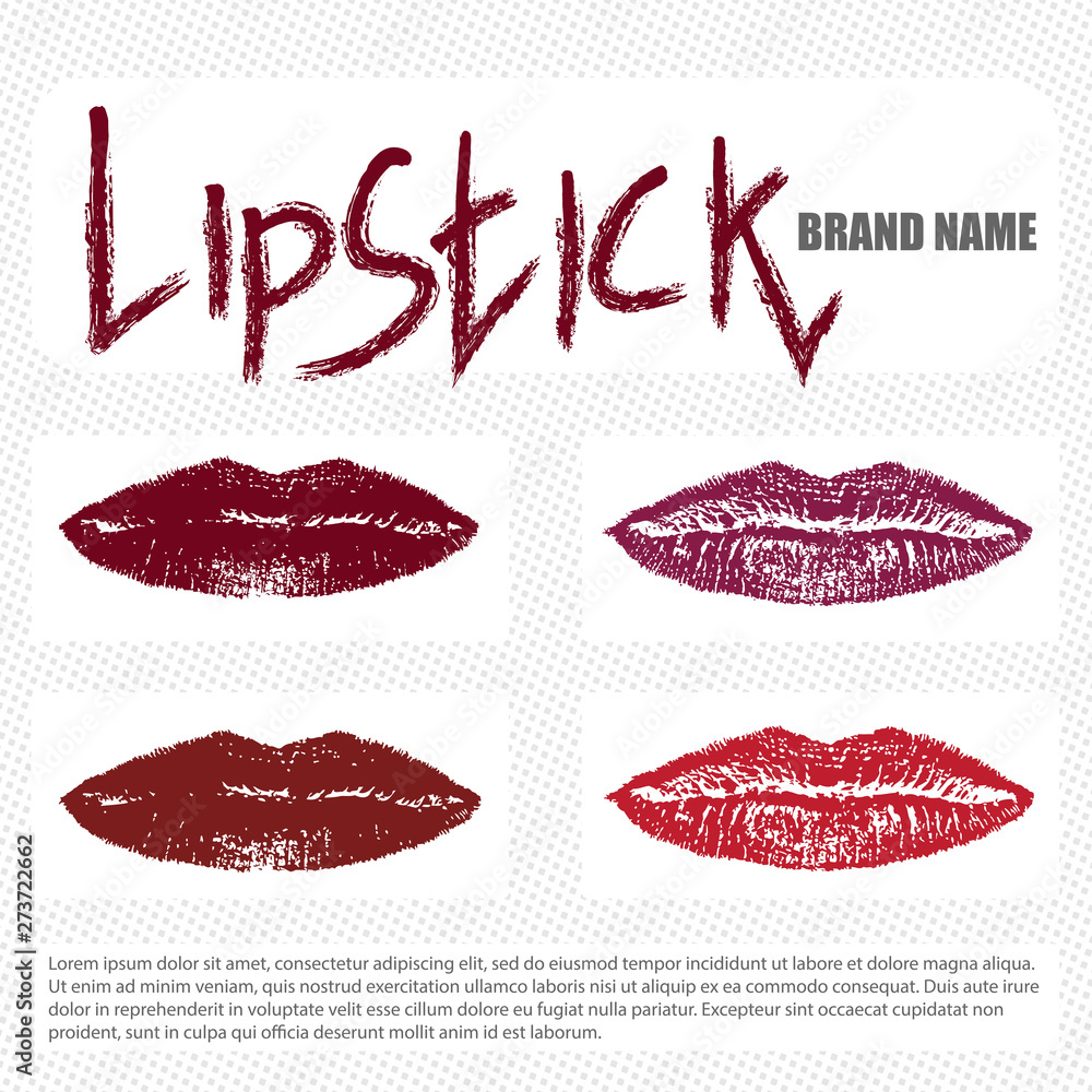 Fototapeta premium lipstick catalog page with lip prints in dark red wine shades. lipstick inscription. cosmetics design.