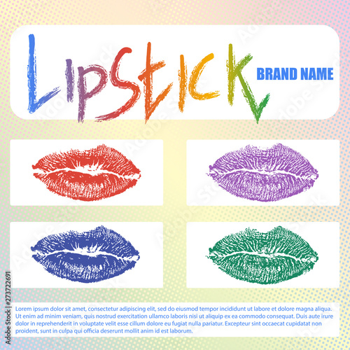 lipstick catalog page with lip prints in bright youth colors. lipstick inscription. cosmetics design.
