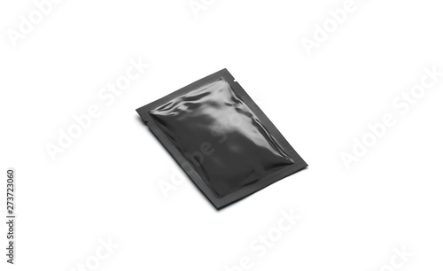 Blank black sachet packet mockup, isolated, side view, 3d rendering. Empty sealed parcel with sauce, mayonnaise, ketchup. Clear airtight small pack for tea. Clean rectangular case with cosmetics.