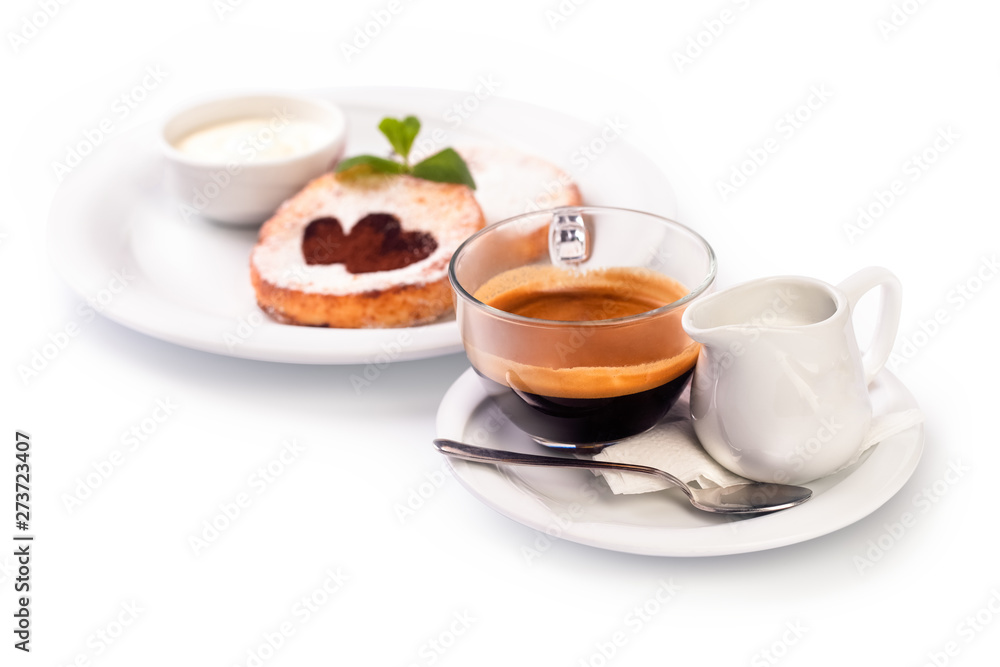 cheese pancakes on a plate with sour cream and coffee, isolated on white background, breakfast concept cheese pancakes on a plate with sour cream and coffee, isolated on white background, breakfast concept