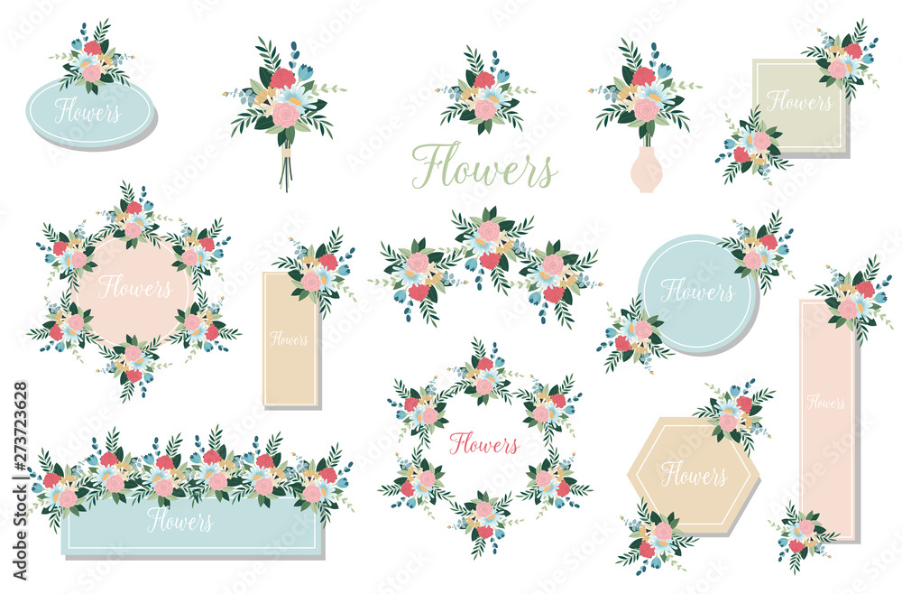 Botanic card with wild flowers, leaves. Floral poster, invite. Set of floral branch. Pink rose, green leaves. Wedding concept with flowers. Botanic card with wild flowers, leaves. Floral poster, invite. Set of floral branch. Pink rose, green leaves. Wedding concept with flowers.