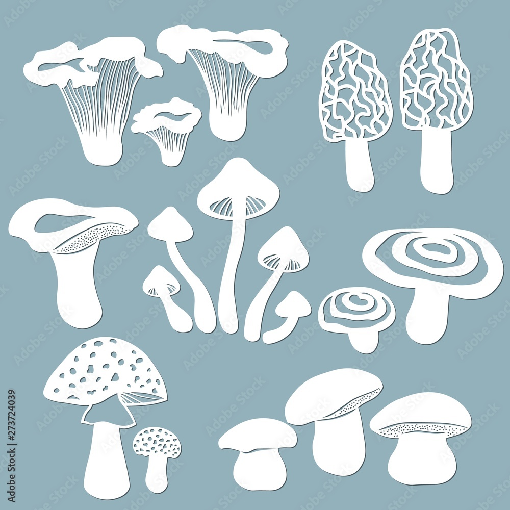 Set templates mushrooms for to cut with a laser from paper. White mushroom,  the fly agaric, chanterelles, volnushki, mushrooms, morels. For decoration  and design. Laser cut. Vector illustration. Patte Stock Vector