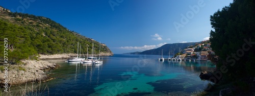 Assos village nice bay in Kefalonia (Cephalonia) island in Greece Europe extra wide panorama