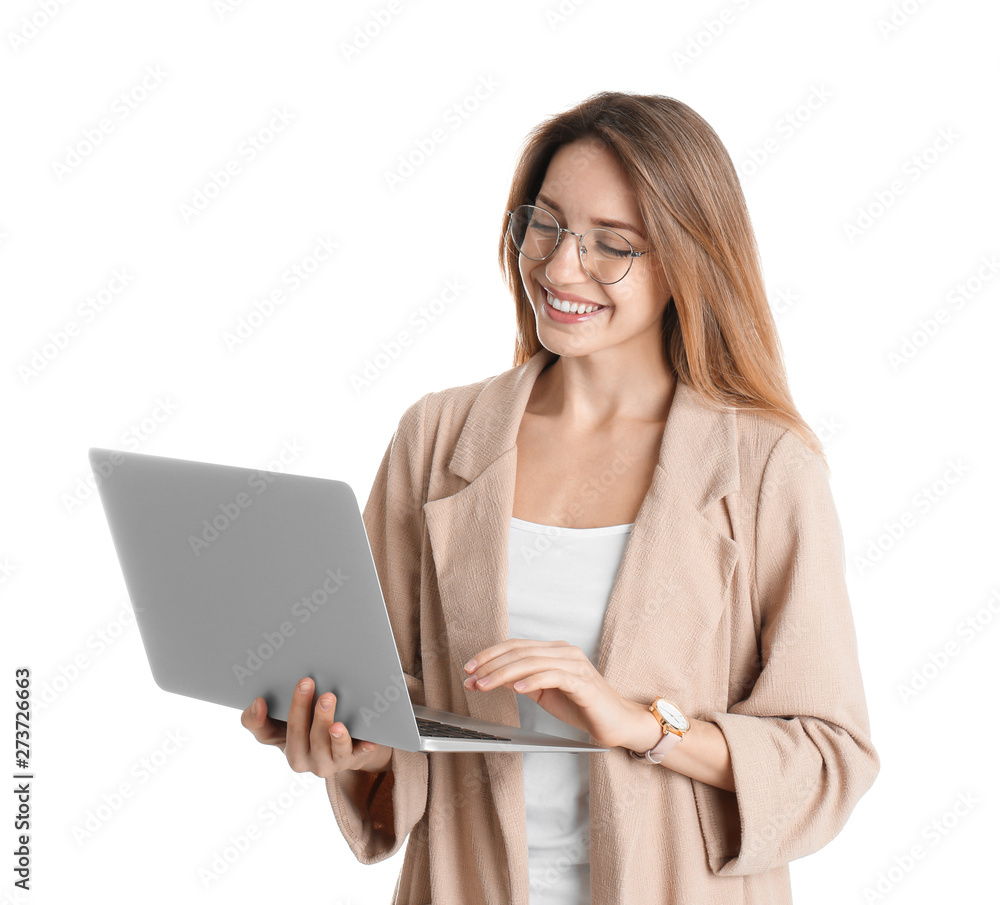 Portrait of young woman in office wear with laptop on white background Portrait of young woman in office wear with laptop on white background
