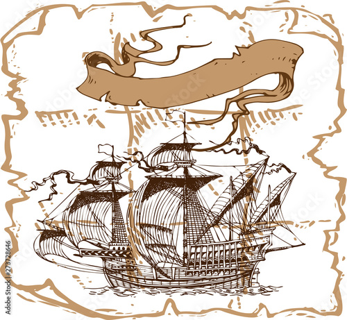 vector image of a vintage caravel in old engraving style