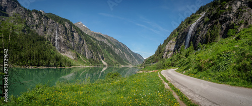Summer morning at the Stillup reservoir in the Zillertal in Tyrol