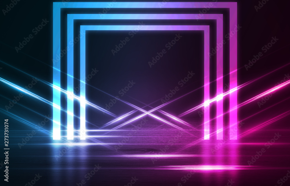 Empty background scene. Dark street reflection on wet asphalt. Rays of neon light in the dark, neon figures, smoke. Background of empty stage show. Abstract dark background. Empty background scene. Dark street reflection on wet asphalt. Rays of neon light in the dark, neon figures, smoke. Background of empty stage show. Abstract dark background.