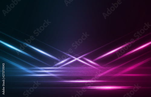 Empty background scene. Dark street reflection on wet asphalt. Rays of neon light in the dark  neon figures  smoke. Background of empty stage show. Abstract dark background.