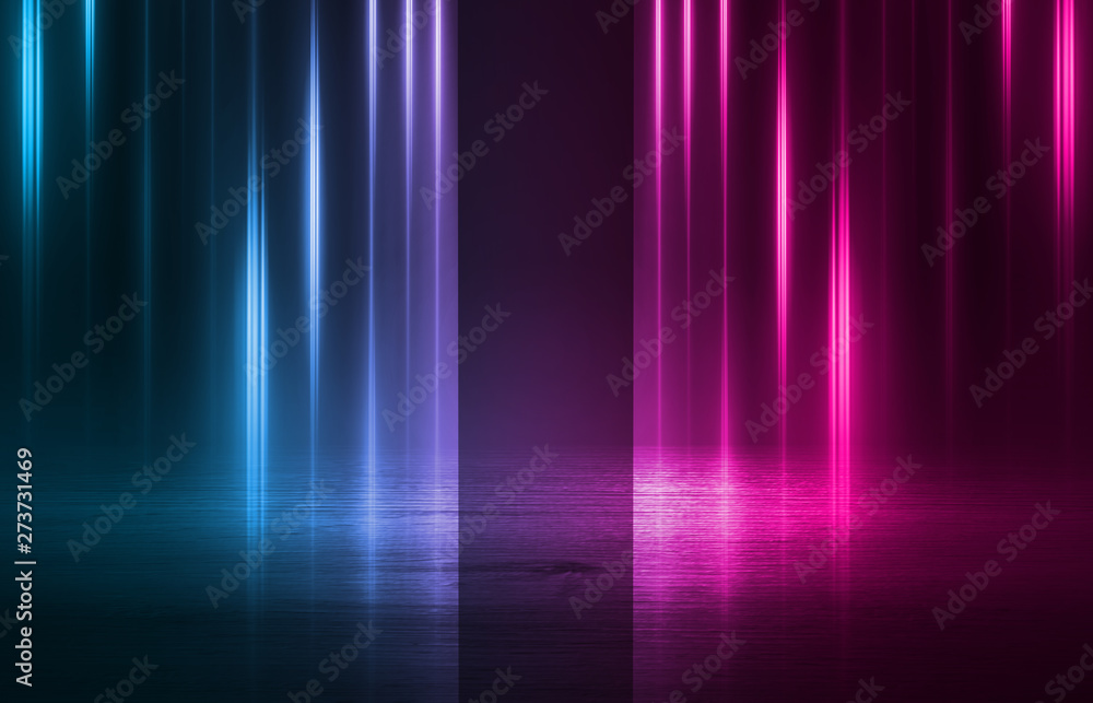 Empty background scene. Dark street reflection on wet asphalt. Rays of neon light in the dark, neon figures, smoke. Background of empty stage show. Abstract dark background. Empty background scene. Dark street reflection on wet asphalt. Rays of neon light in the dark, neon figures, smoke. Background of empty stage show. Abstract dark background.