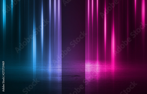 Empty background scene. Dark street reflection on wet asphalt. Rays of neon light in the dark, neon figures, smoke. Background of empty stage show. Abstract dark background.