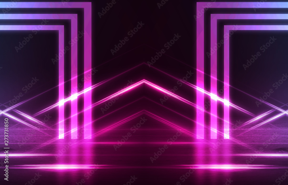 Empty background scene. Dark street reflection on wet asphalt. Rays of neon light in the dark, neon figures, smoke. Background of empty stage show. Abstract dark background.