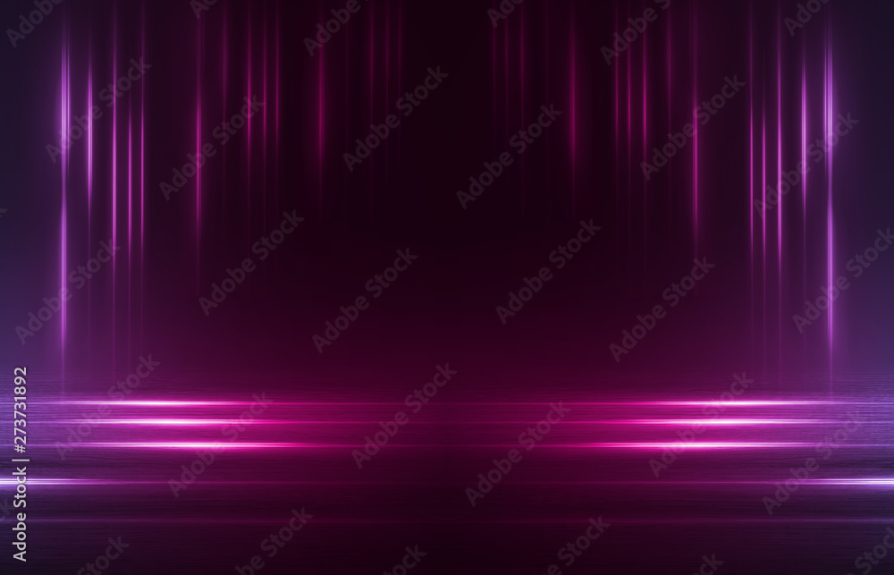 Empty background scene. Dark street reflection on wet asphalt. Rays of neon light in the dark, neon figures, smoke. Background of empty stage show. Abstract dark background. Empty background scene. Dark street reflection on wet asphalt. Rays of neon light in the dark, neon figures, smoke. Background of empty stage show. Abstract dark background.
