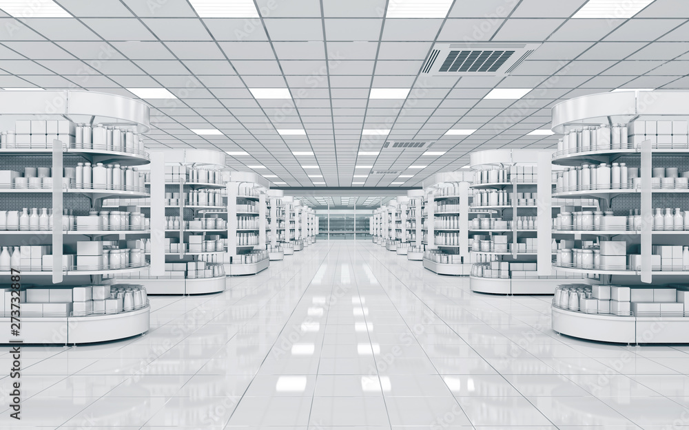 Ταπετσαρία Interior of a supermarket with shelves for goods. 3d illustration