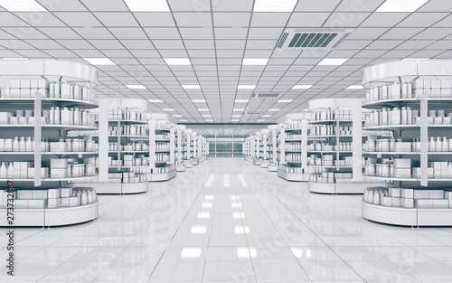 Fototapete Interior of a supermarket with shelves for goods. 3d illustration