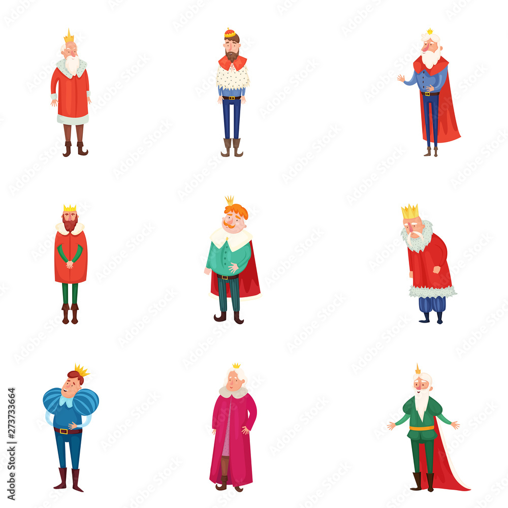 Set of different royal kings in colorful clothes and gold crown Set of different royal kings in colorful clothes and gold crown