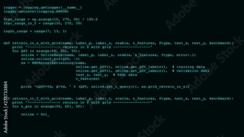 3D Hacking code data flow stream on black . Computer screen with encrypted fast typing coding symbols. Network security, programming, development, cyber encryption with blockchain and crypto concept