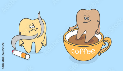 Cartoon tooth with cigarette and cup of coffee.