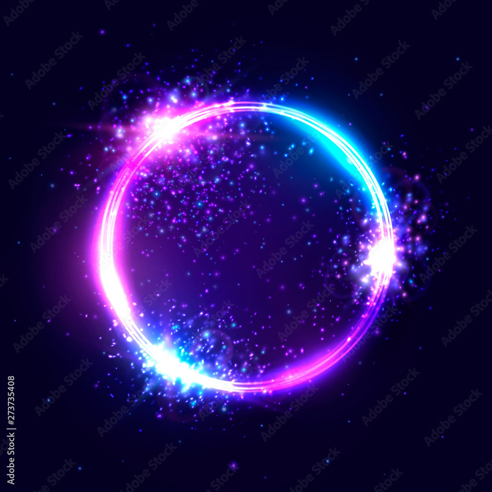 Vector vibrant neon circle with glowing confetti particles on dark blue background. Modern round frame with text space. Abstract bright neon loop. Colorful advertising banner card design illustration.