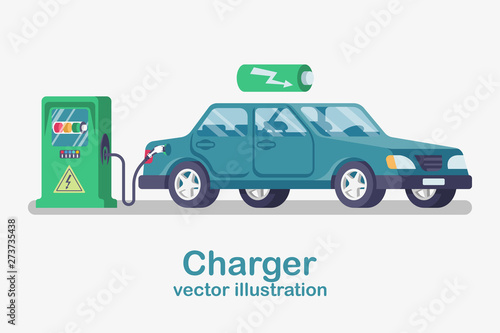 Station car charger. Electric refueling. Green eco transportation. Vector illustration flat design. Isolated on white background. Modern electric cars. Energy vehicles. Vehicle cartoon style.