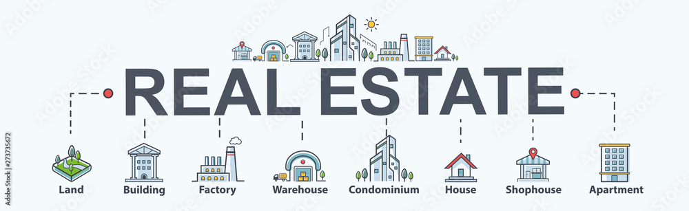 Real estate banner web icon for property and investment. Land, building, factory, warehouse, condominium, shophouse and apartment. Minimal vector infographic.
