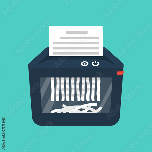 Shredder machine. Paper shredder. Destruction of documents. Cartoon style. Vector illustration flat design. Isolated on background. Information protection.