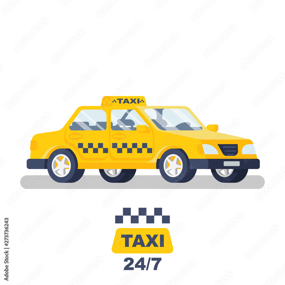 Taxi car. Taxi service. Vector illustration flat design. Isolated on white background. Information banner can be a template for web applications. Cartoon style.