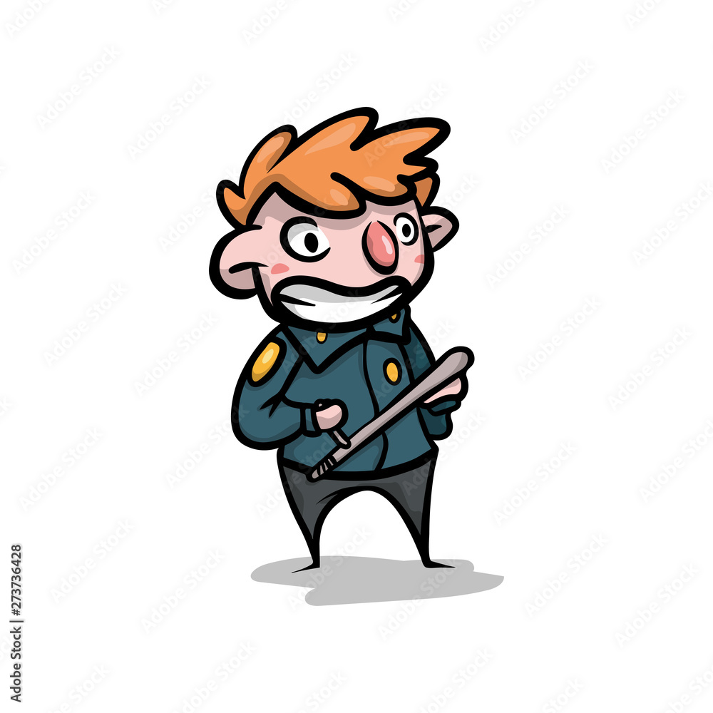Cute smiling policeman ready to use rubber bat